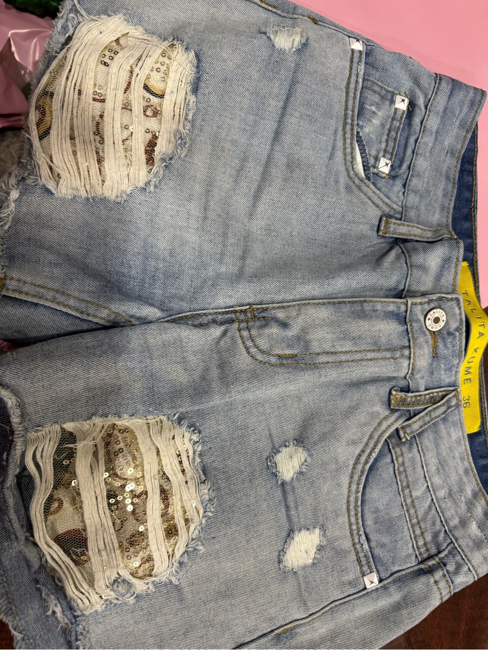 Talita Kume Light Blue Distressed Women’s Jeans Shorts with Sequin Patch (c1-23)